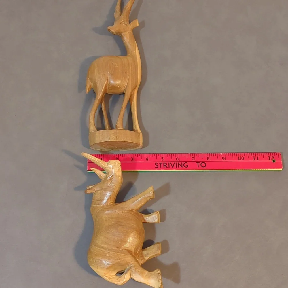 Hand carved wooden pair rhino antelope gazelle deer statue set of 2